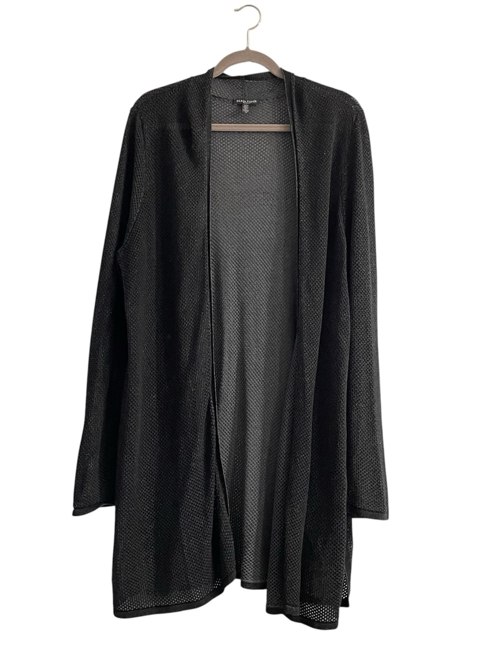 EILEEN FISHER Black Fish Net open knit mesh Duster Cardigan crochet boho 2X